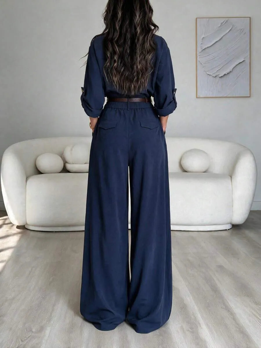 SHEIN جمبسوت كارجو نسائي بخصر محدد وساق واسعة وياقة قميص بلون أزرق غامق