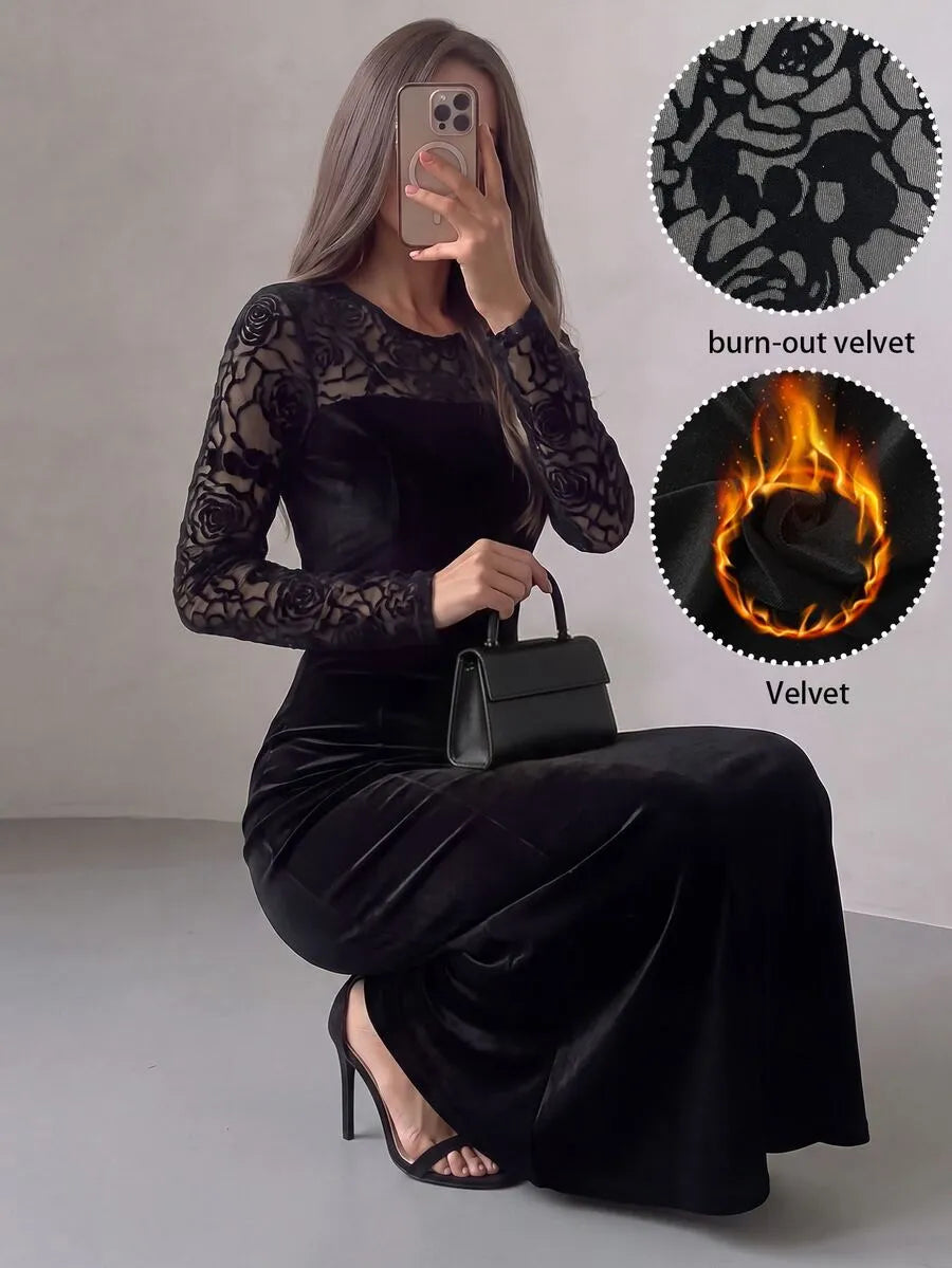 SHEIN Modelyn فستان مخملي طويل بياقة دائرية وتفاصيل دانتيل بلون أسود