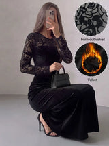 SHEIN Modelyn فستان مخملي طويل بياقة دائرية وتفاصيل دانتيل بلون أسود