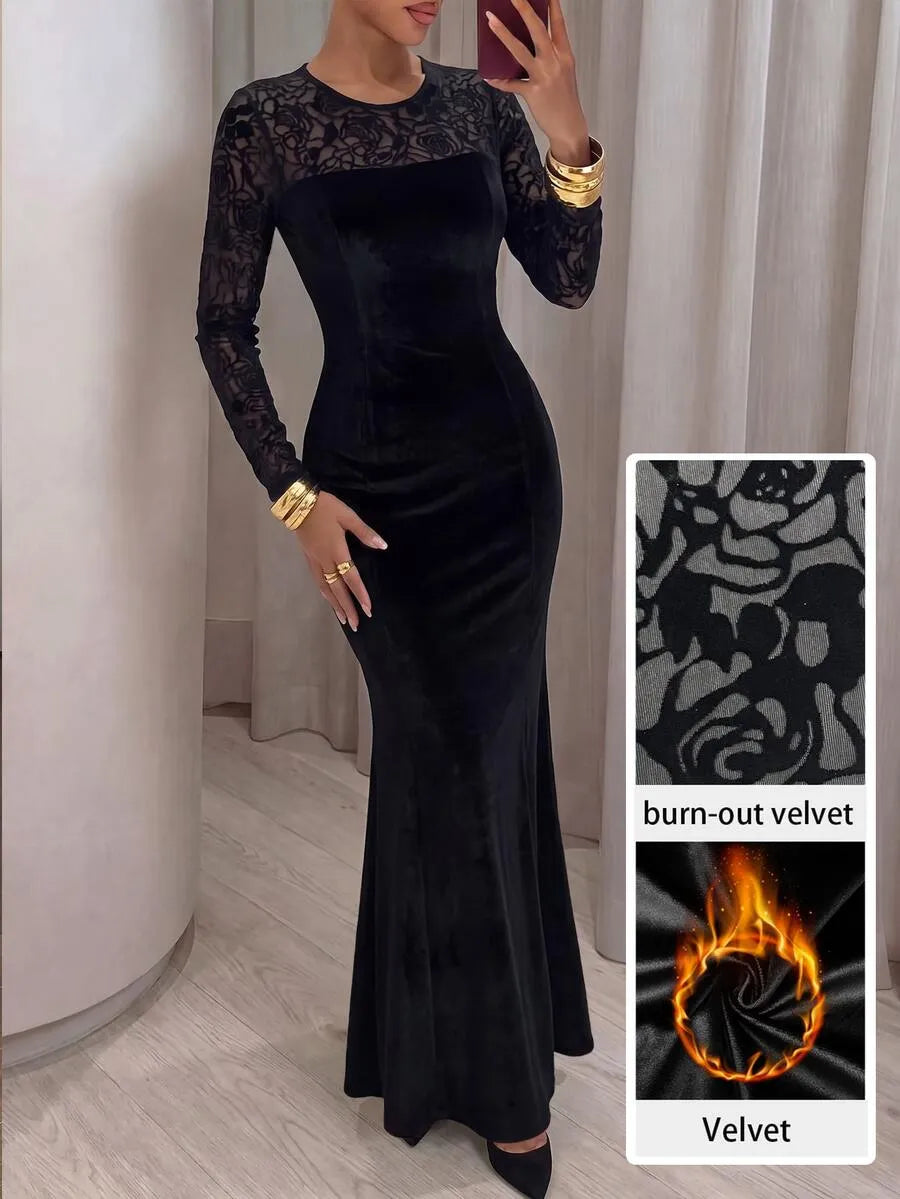 SHEIN Modelyn فستان مخملي طويل بياقة دائرية وتفاصيل دانتيل بلون أسود