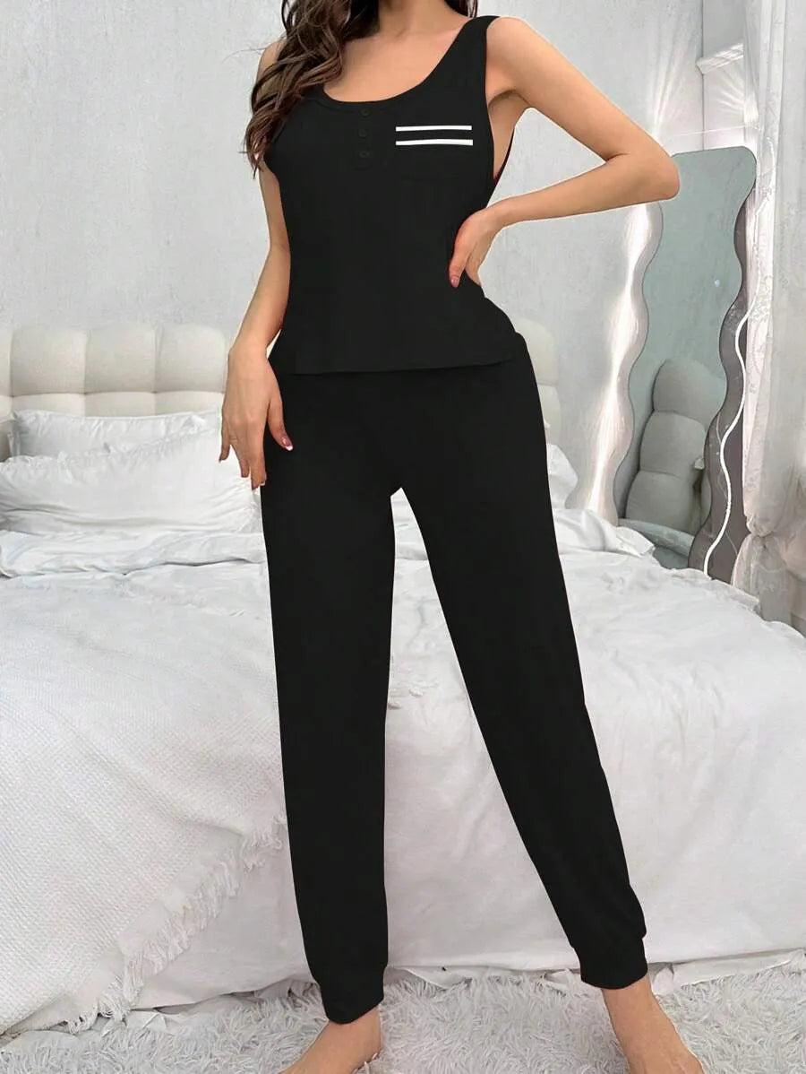 SHEIN طقم بيجاما قطعتين مخطط بتوب كشكش وبنطلون طويل بلون أسود