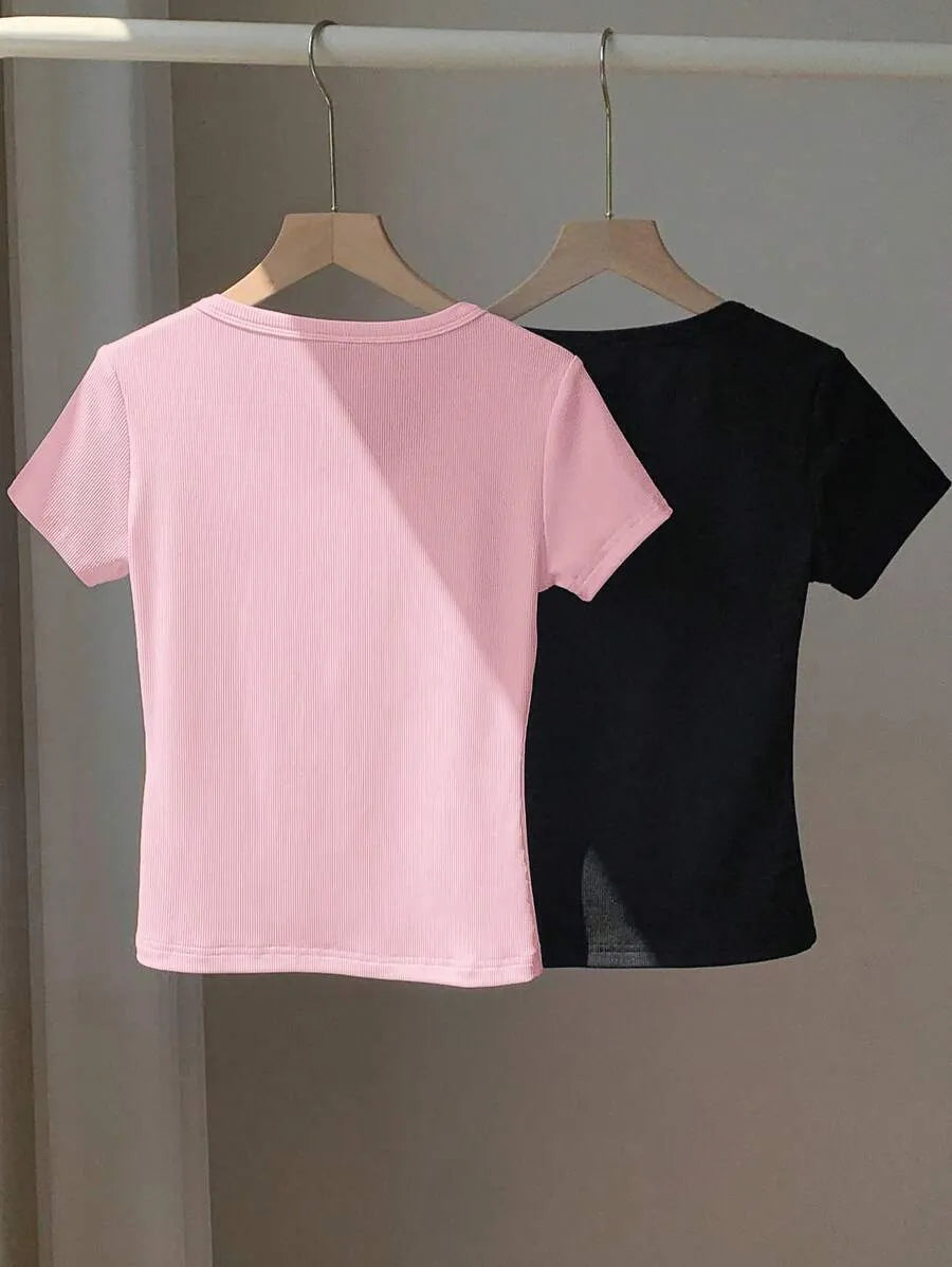 SHEIN Comfortcana طقم 2 قطعة تي شيرت نسائي ضيق بأكمام قصيرة وتطريز بلون وردي