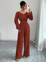 SHEIN Rafferiza جمبسوت نسائي بخرز خشبي وخصر ملتف وساق واسعة بلون أحمر خشبي
