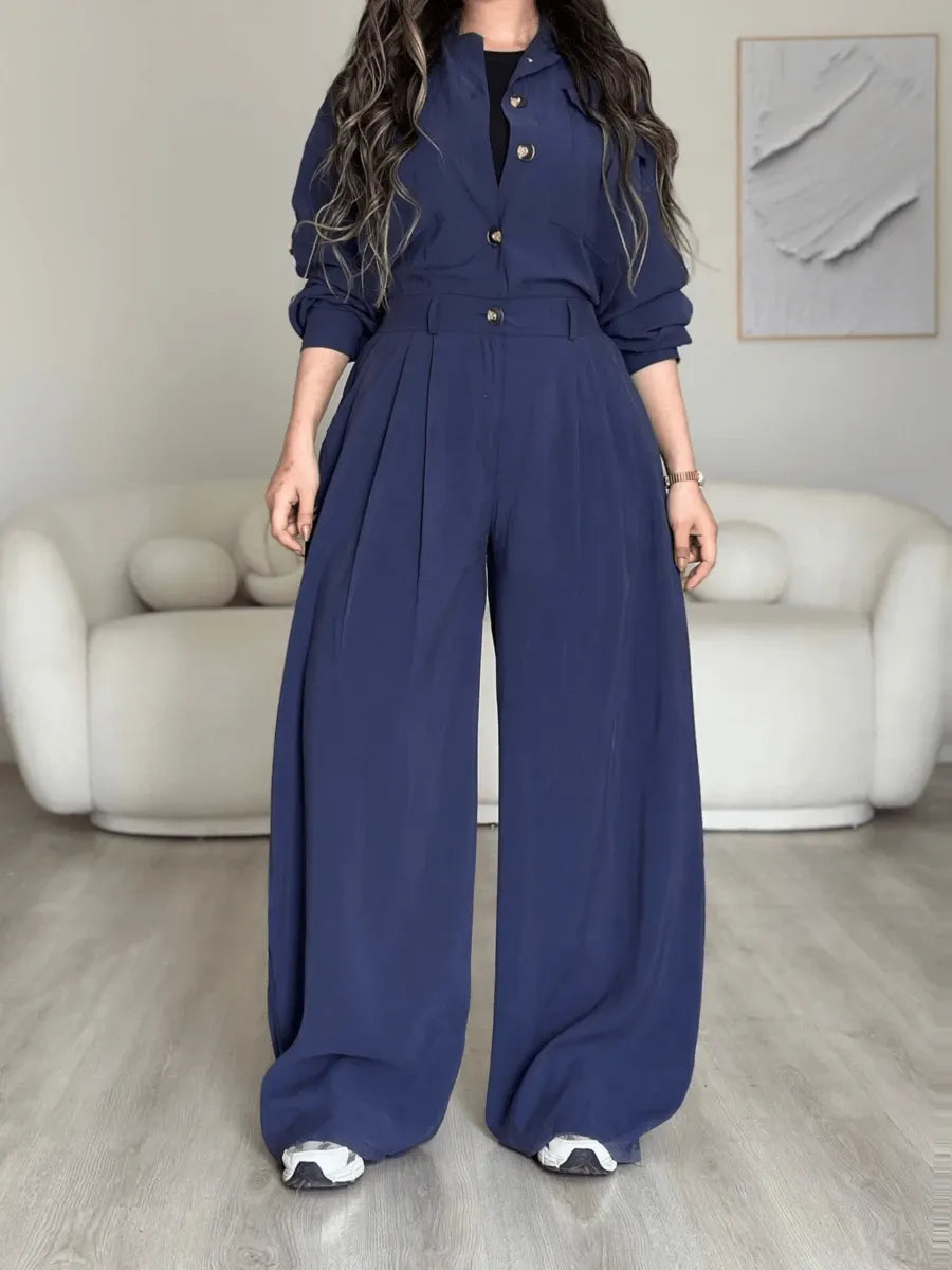 SHEIN جمبسوت كارجو نسائي بخصر محدد وساق واسعة وياقة قميص بلون أزرق غامق