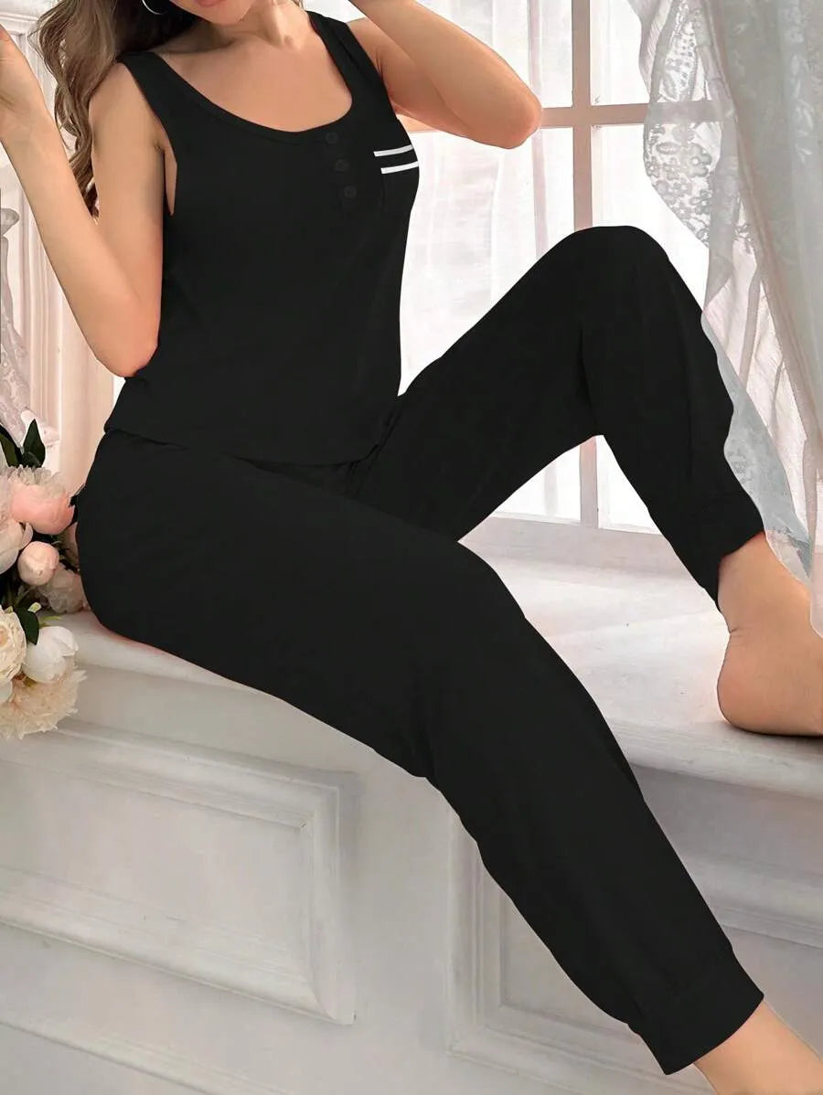 SHEIN طقم بيجاما قطعتين مخطط بتوب كشكش وبنطلون طويل بلون أسود