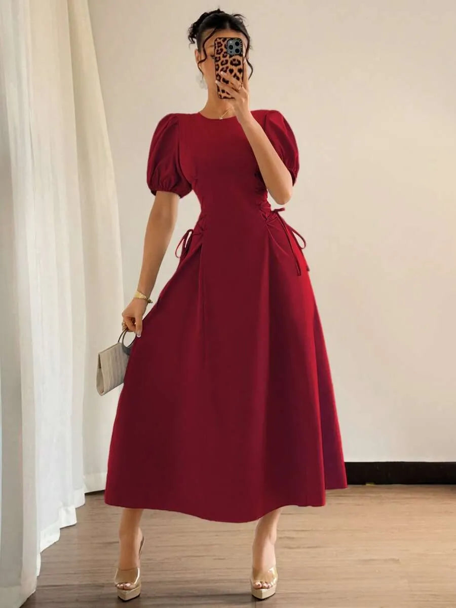 SHEIN Elenzga فستان عنابي صيفي بأكمام منتفخة وخصر مكشكش مربوط جانبيًا