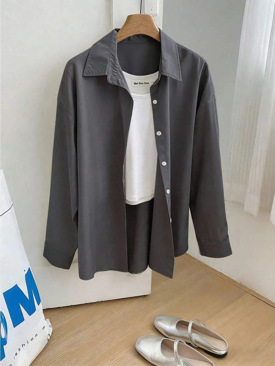 SHEIN Resyla قميص نسائي فضفاض بأكمام طويلة بلون رمادي غامق