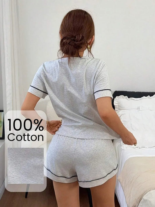 SHEIN Napfluff طقم بيجامة قطعتين ناعم بشورت بلون رمادي فاتح
