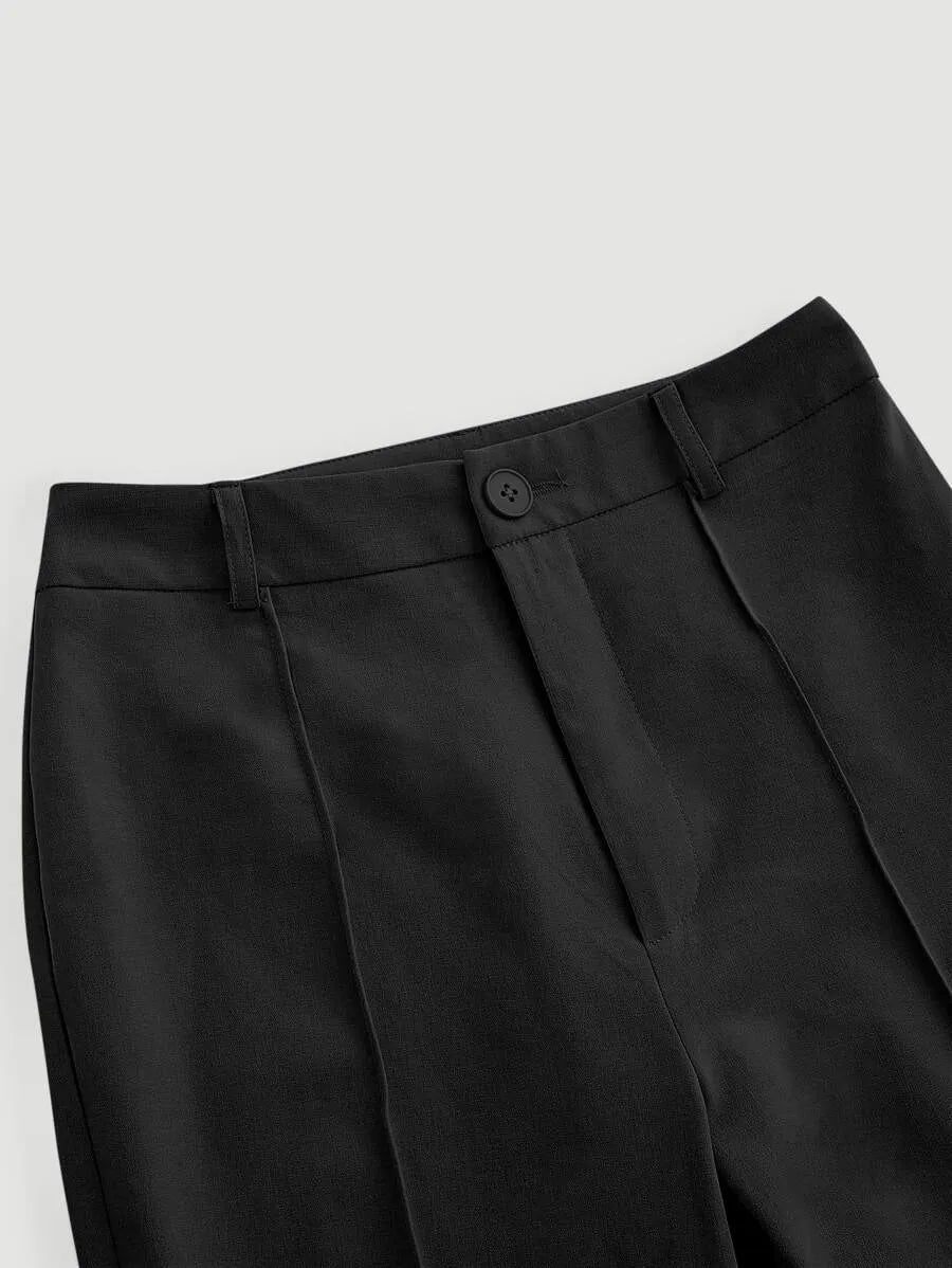 SHEIN MOD بنطلون نسائي بخصر عالٍ وتفاصيل خياطة وأرجل مقلوبة بلون أسود