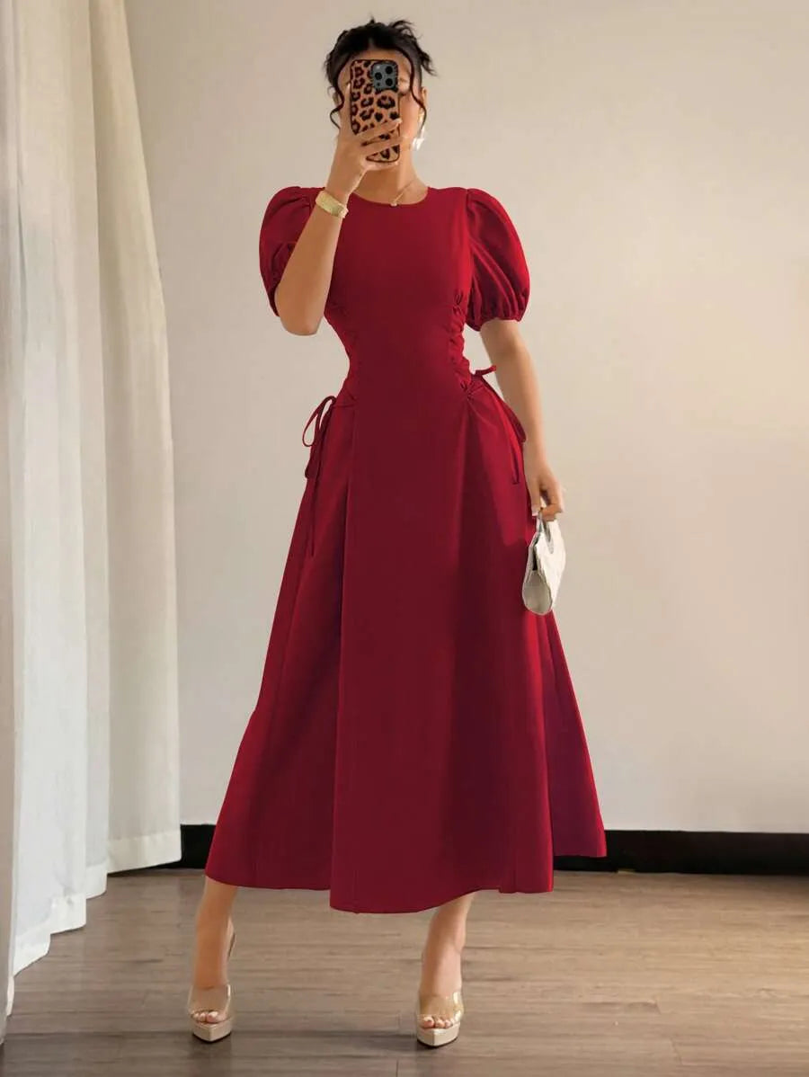 SHEIN Elenzga فستان عنابي صيفي بأكمام منتفخة وخصر مكشكش مربوط جانبيًا