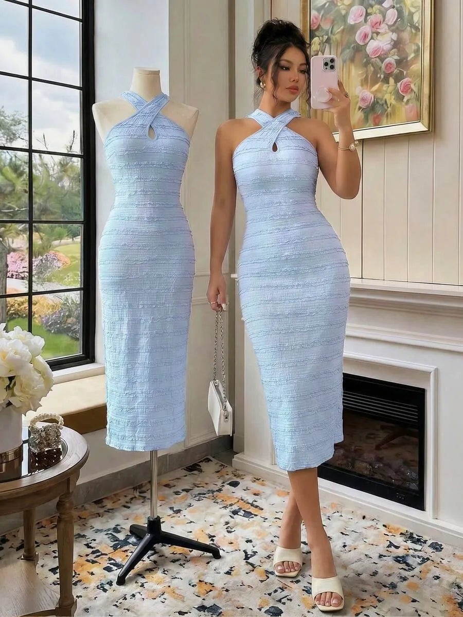 SHEIN Selianne فستان متوسط الطول بحمالات رفيعة متقاطعة أزرق داكن