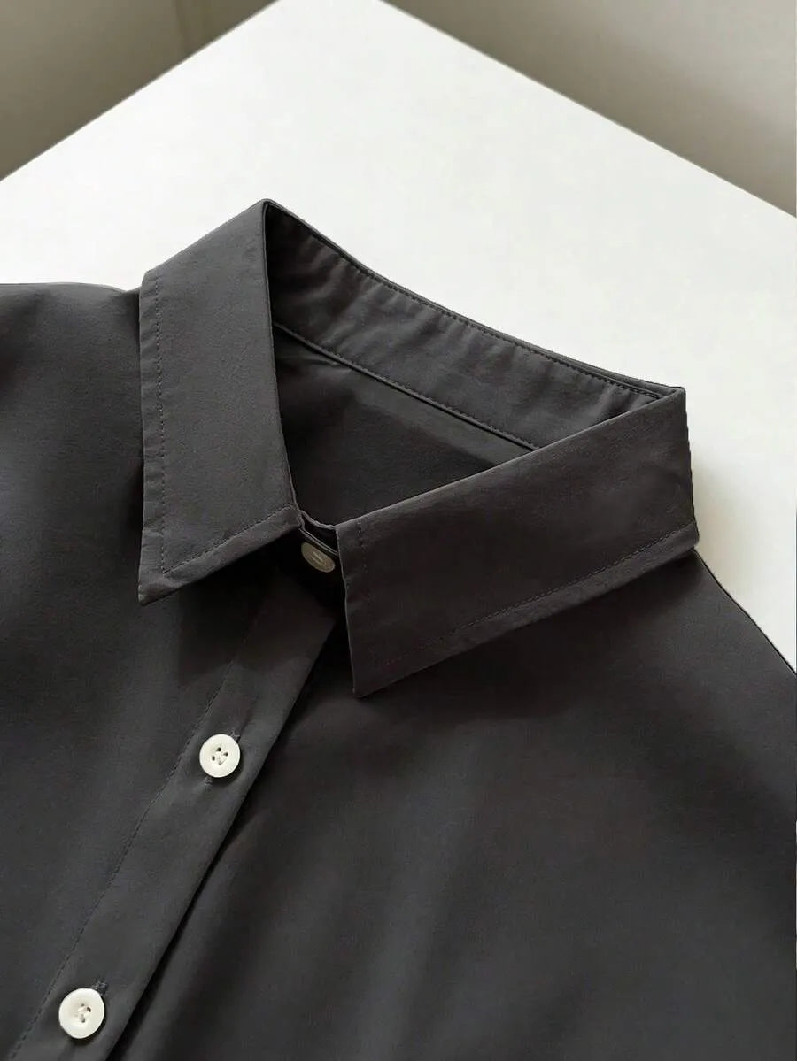 SHEIN Resyla قميص نسائي فضفاض بأكمام طويلة بلون رمادي غامق