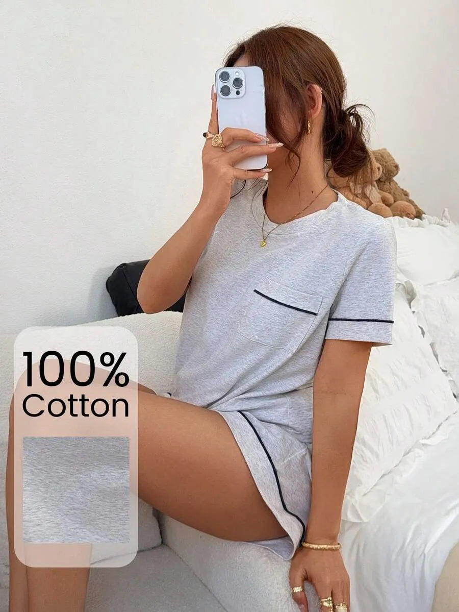 SHEIN Napfluff طقم بيجامة قطعتين ناعم بشورت بلون رمادي فاتح