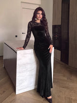 SHEIN Modelyn فستان مخملي طويل بياقة دائرية وتفاصيل دانتيل بلون أسود