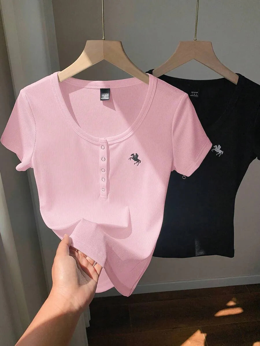 SHEIN Comfortcana طقم 2 قطعة تي شيرت نسائي ضيق بأكمام قصيرة وتطريز بلون وردي