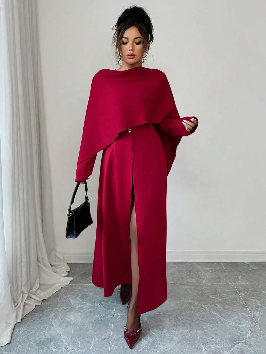 SHEIN Elenzga فستان طويل بياقة غير متماثلة وأكمام واسعة وأزرار معدنية بلون أحمر عنابي