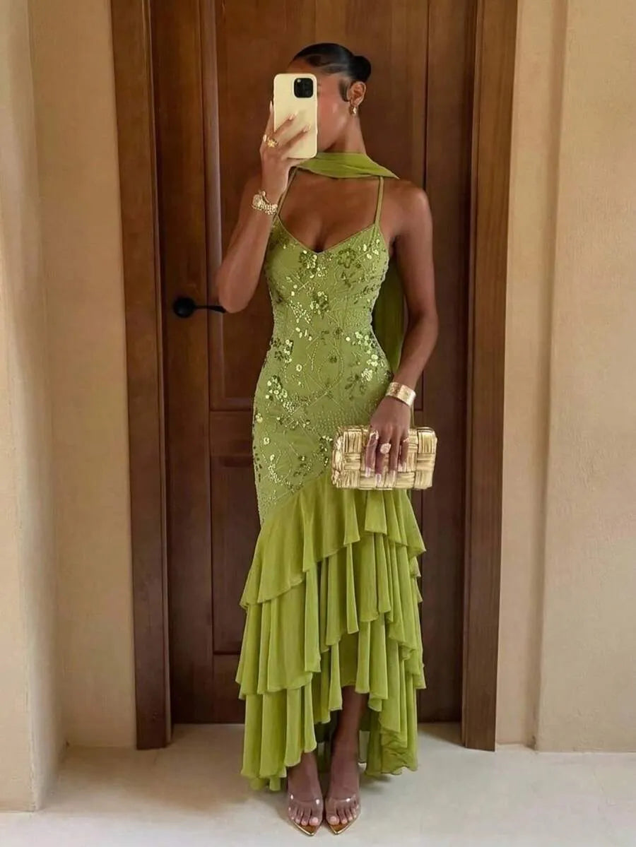 SHEIN Lumalex فستان ماكسي بلون أخضر بحمالات سباغيتي وظهر مكشوف