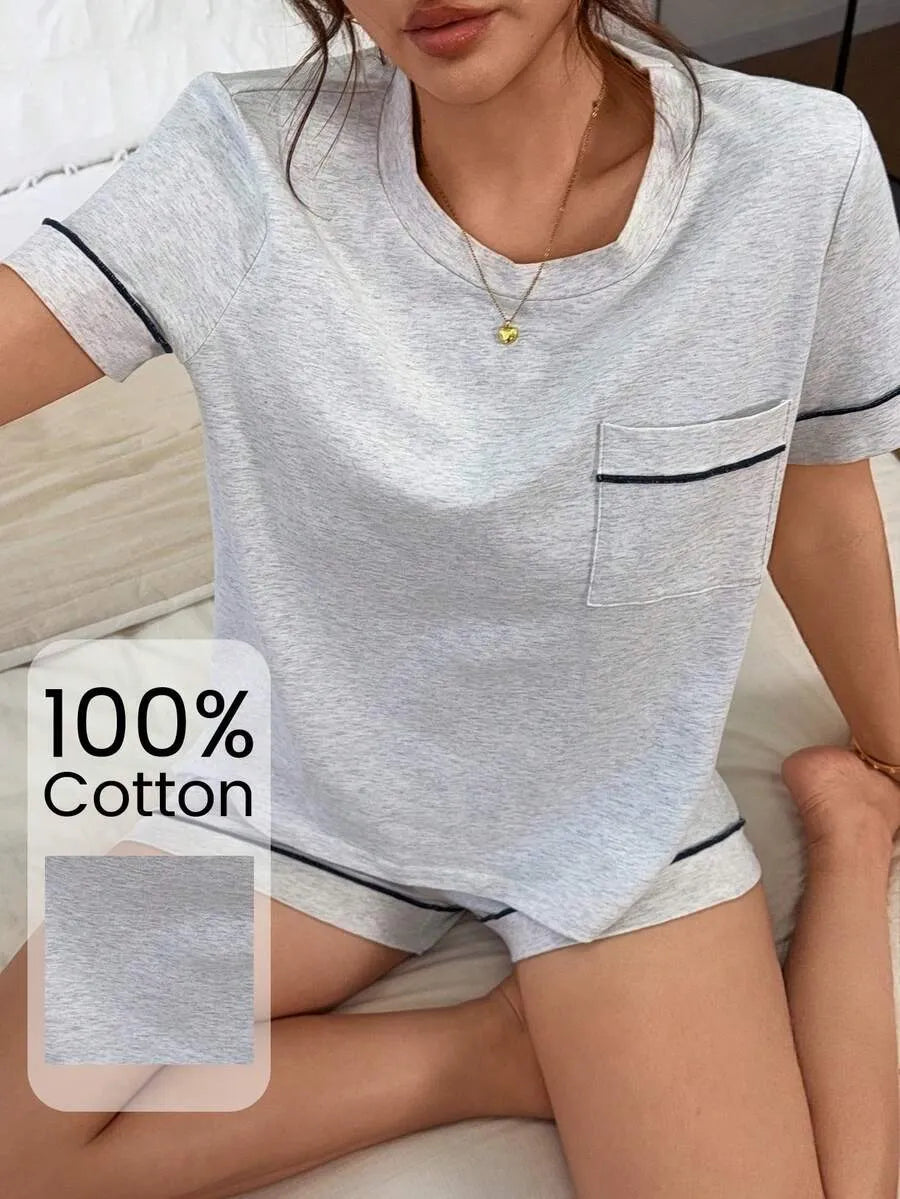 SHEIN Napfluff طقم بيجامة قطعتين ناعم بشورت بلون رمادي فاتح