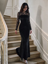 SHEIN Modelyn فستان مخملي طويل بياقة دائرية وتفاصيل دانتيل بلون أسود