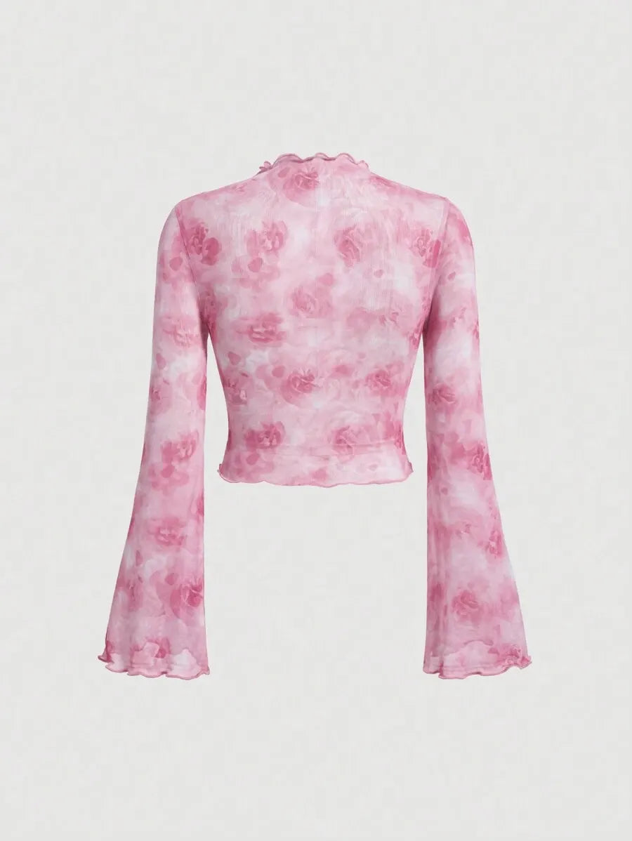 SHEIN MOD توب نسائي بأكمام جرس طويلة ونقشة زهور بلون وردي