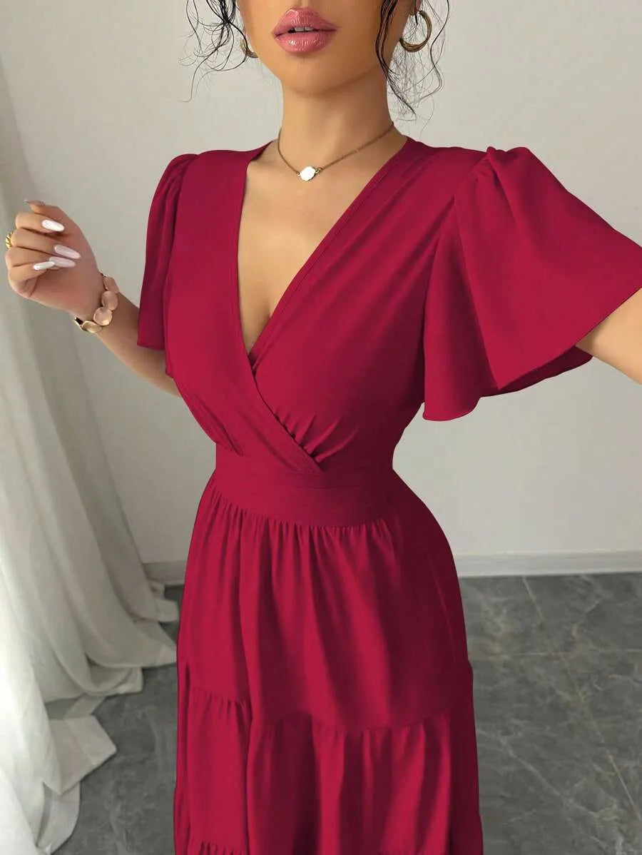 SHEIN Elenzga فستان طويل بياقة وأكمام واسعة وخصر مرتفع بتصميم ملفوف بلون عنابي