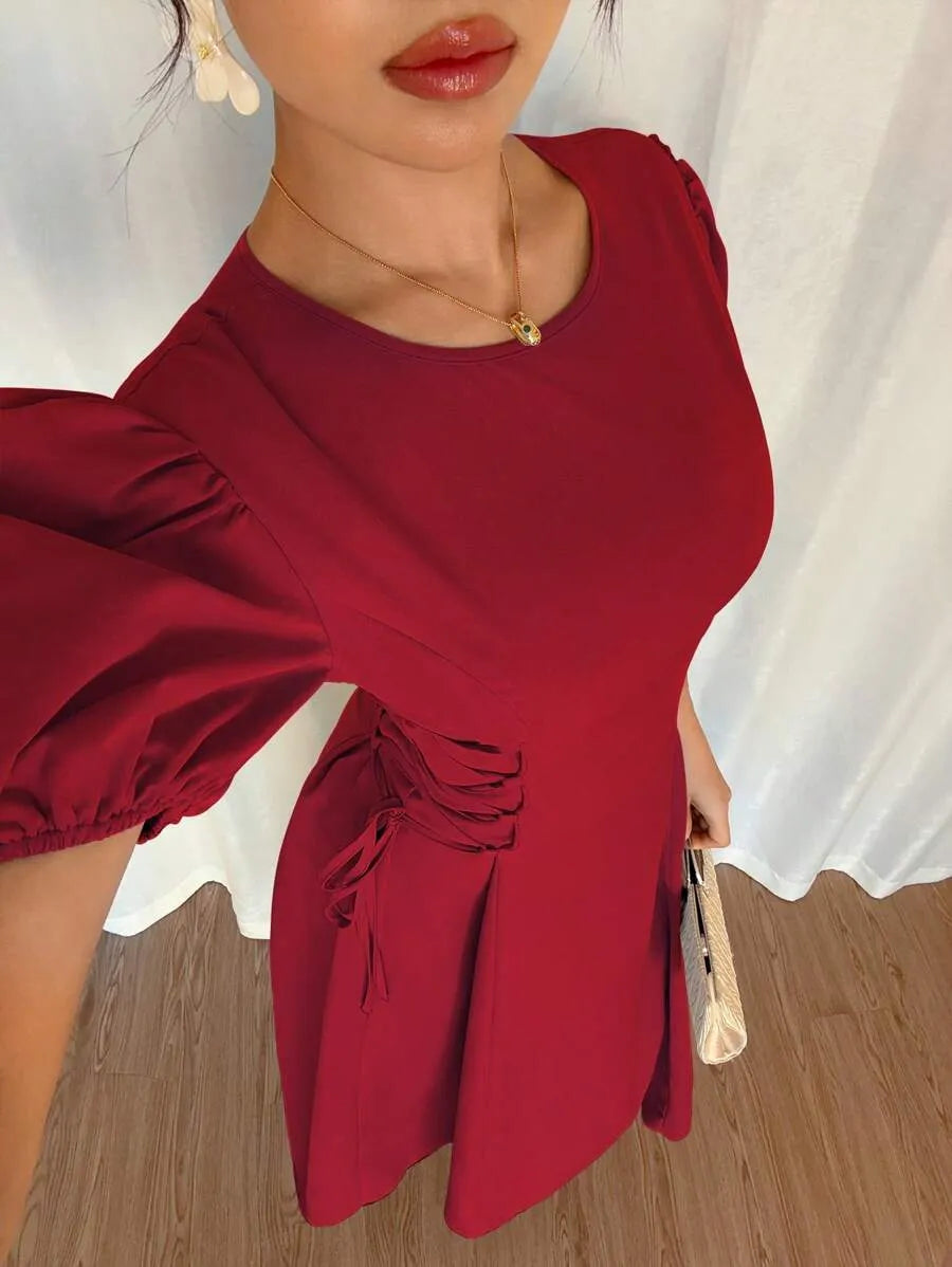 SHEIN Elenzga فستان عنابي صيفي بأكمام منتفخة وخصر مكشكش مربوط جانبيًا