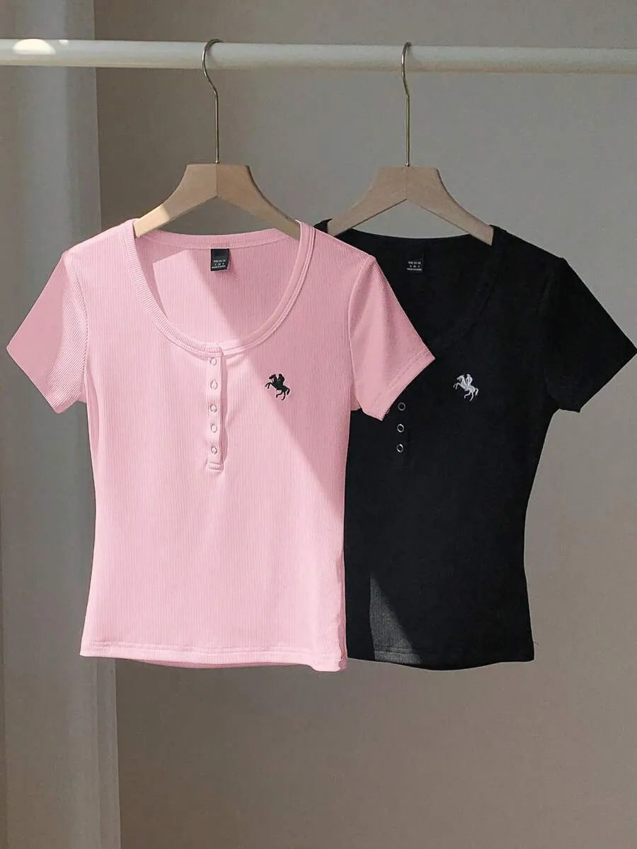 SHEIN Comfortcana طقم 2 قطعة تي شيرت نسائي ضيق بأكمام قصيرة وتطريز بلون وردي