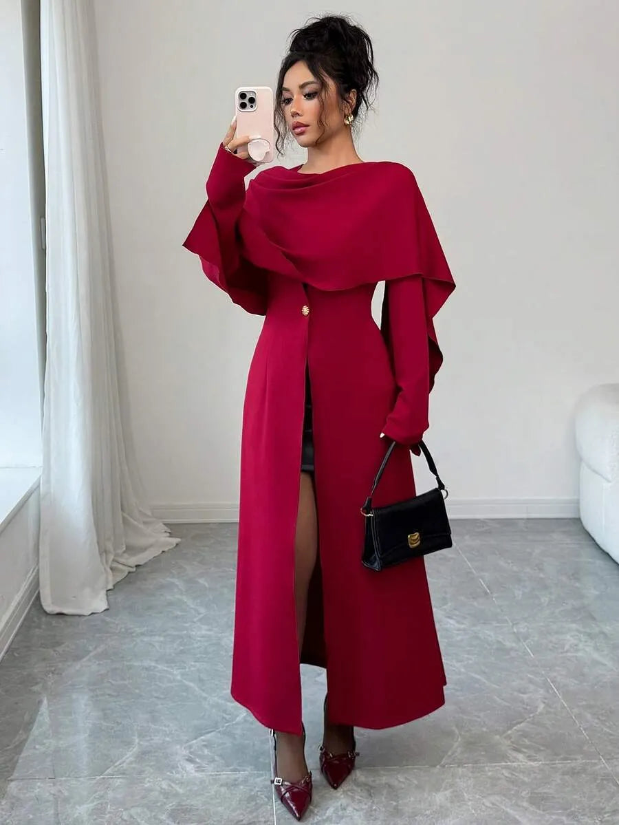 SHEIN Elenzga فستان طويل بياقة غير متماثلة وأكمام واسعة وأزرار معدنية بلون أحمر عنابي
