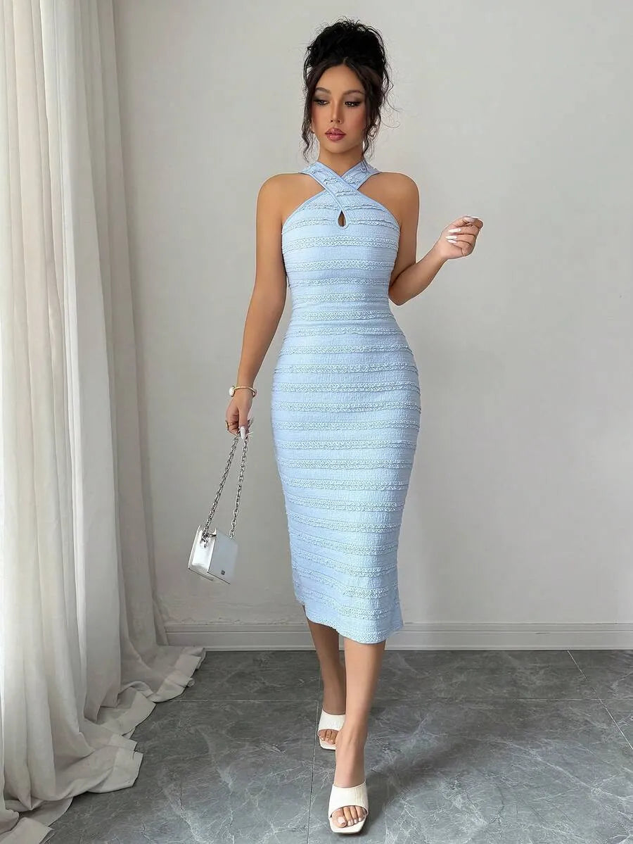 SHEIN Selianne فستان متوسط الطول بحمالات رفيعة متقاطعة أزرق داكن