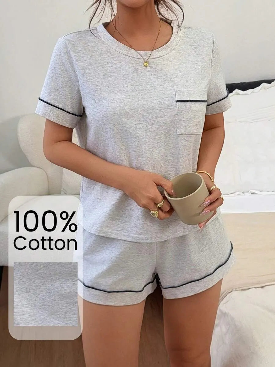 SHEIN Napfluff طقم بيجامة قطعتين ناعم بشورت بلون رمادي فاتح