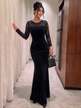 SHEIN Modelyn فستان مخملي طويل بياقة دائرية وتفاصيل دانتيل بلون أسود