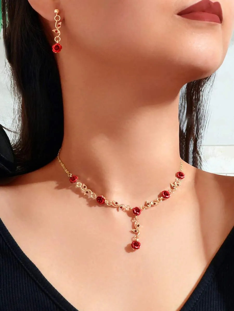 SHEIN طقم مجوهرات نسائي من قلادة وأقراط بتصميم زهرة حمراء ولمسات ذهبية