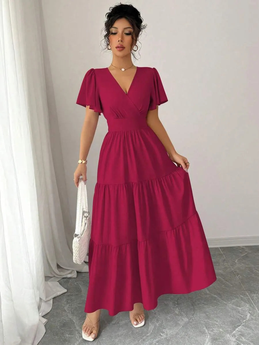 SHEIN Elenzga فستان طويل بياقة وأكمام واسعة وخصر مرتفع بتصميم ملفوف بلون عنابي