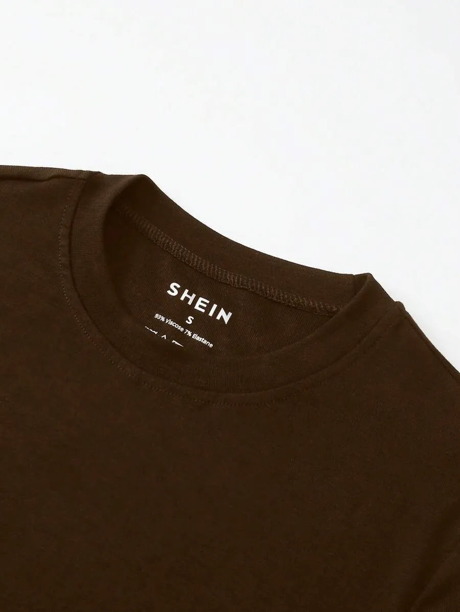 SHEIN INAWLY تي شيرت نسائي ضيق محبوك بأكمام قصيرة وياقة دائرية بلون بني قهوة