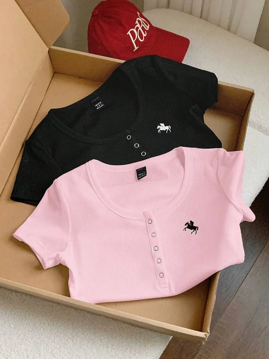 SHEIN Comfortcana طقم 2 قطعة تي شيرت نسائي ضيق بأكمام قصيرة وتطريز بلون وردي