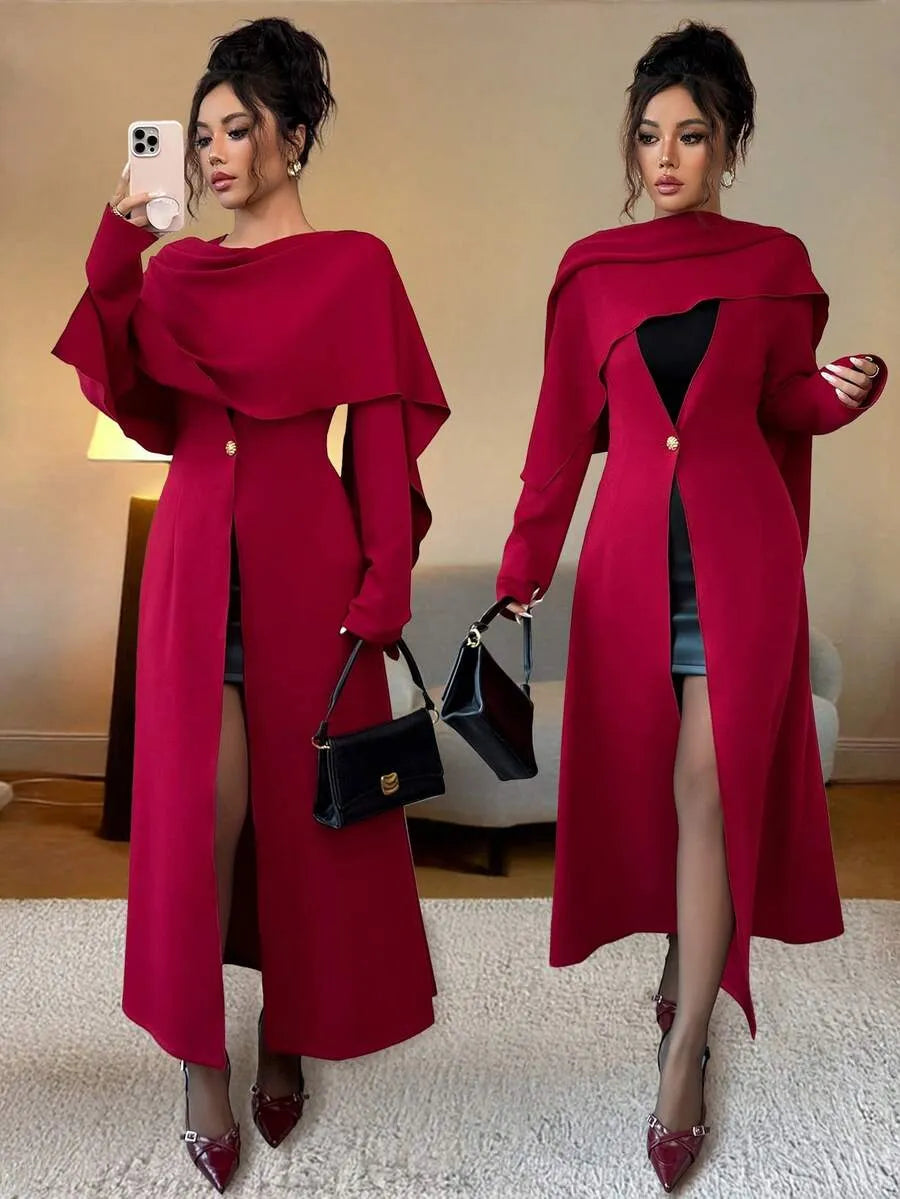 SHEIN Elenzga فستان طويل بياقة غير متماثلة وأكمام واسعة وأزرار معدنية بلون أحمر عنابي