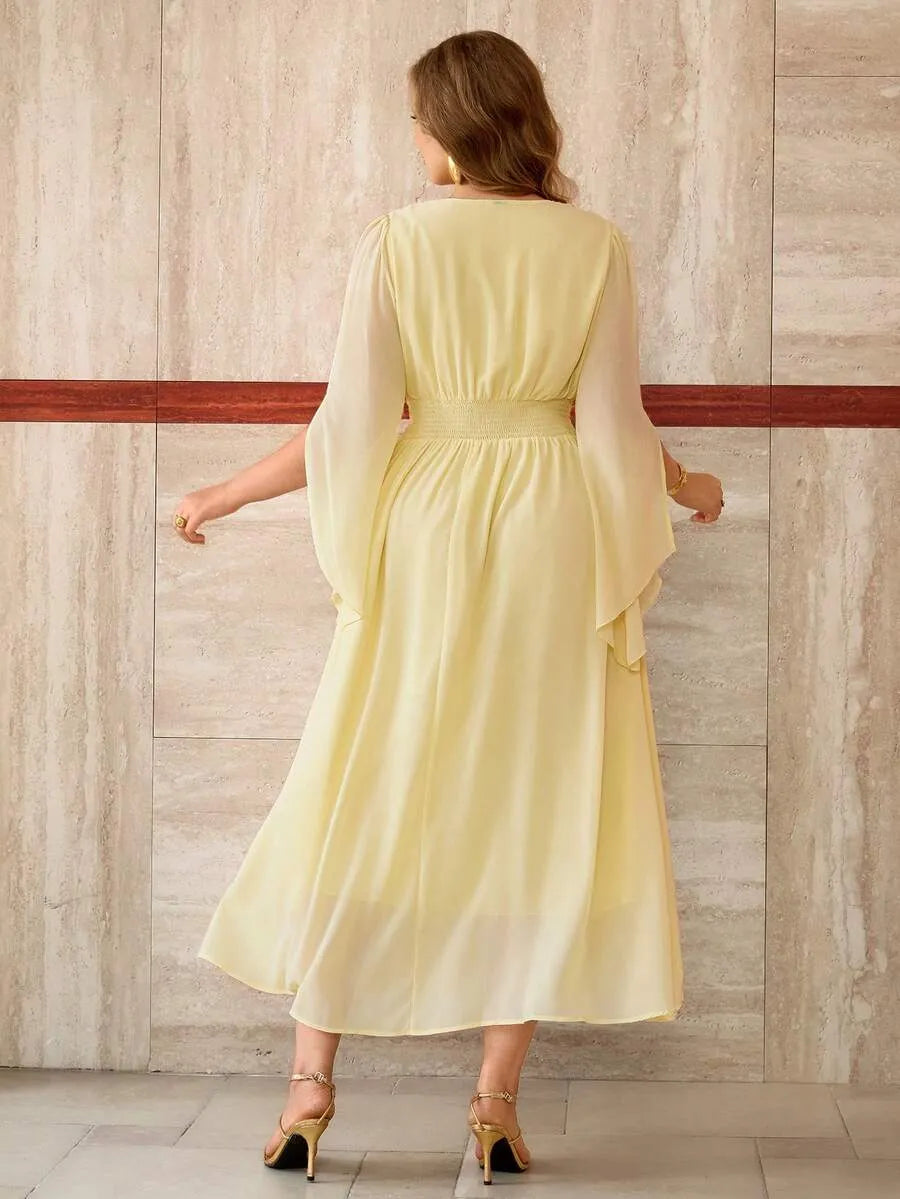 SHEIN Roveilla فستان نسائي بياقة وأكمام واسعة وخصر مجعد بلون أصفر