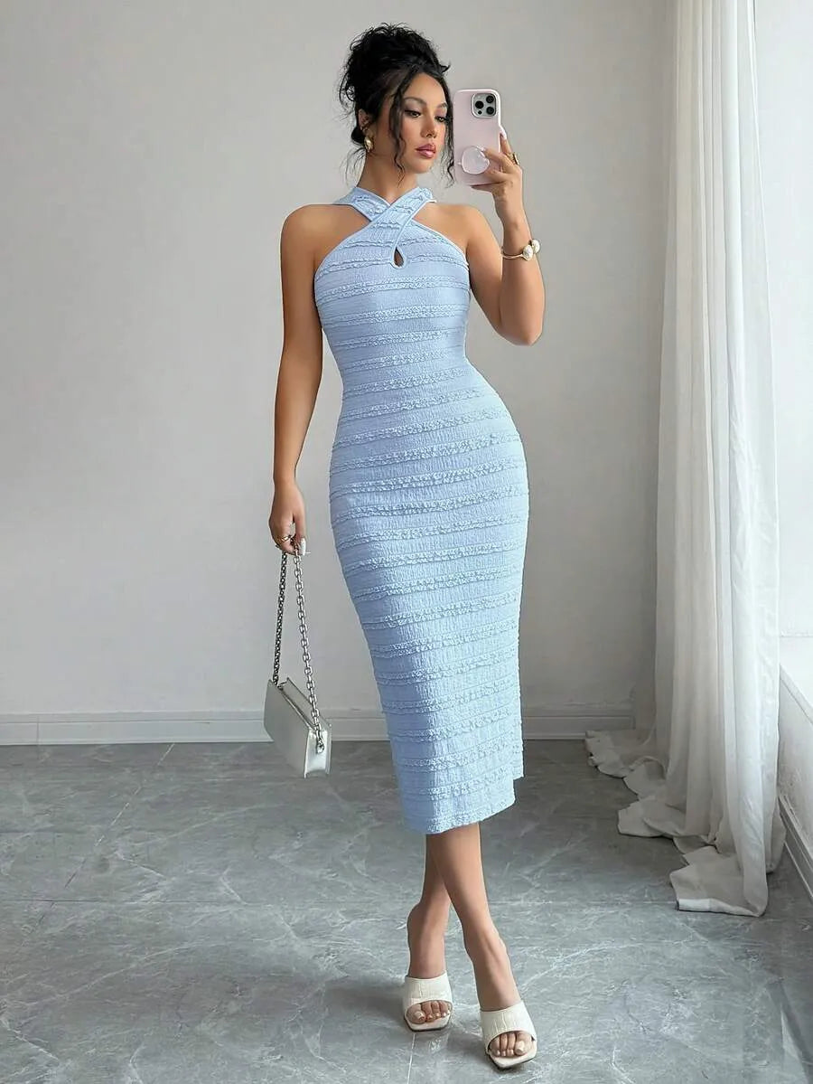 SHEIN Selianne فستان متوسط الطول بحمالات رفيعة متقاطعة أزرق داكن