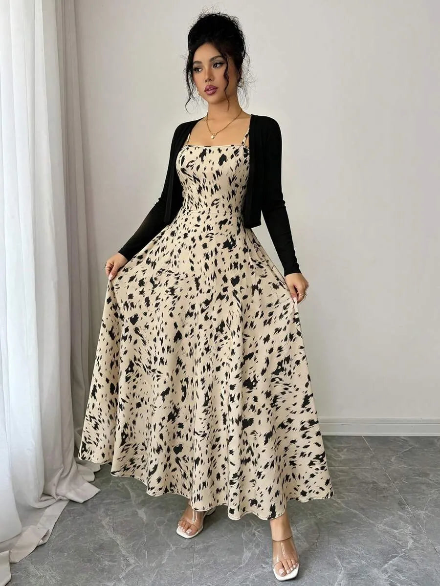 SHEIN طقم فستان كاميسول بطبعة نمر مع كارديجان بلون قهوة