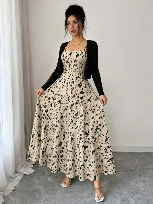 SHEIN طقم فستان كاميسول بطبعة نمر مع كارديجان بلون قهوة