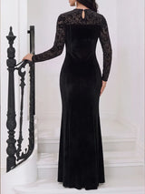 SHEIN Modelyn فستان مخملي طويل بياقة دائرية وتفاصيل دانتيل بلون أسود