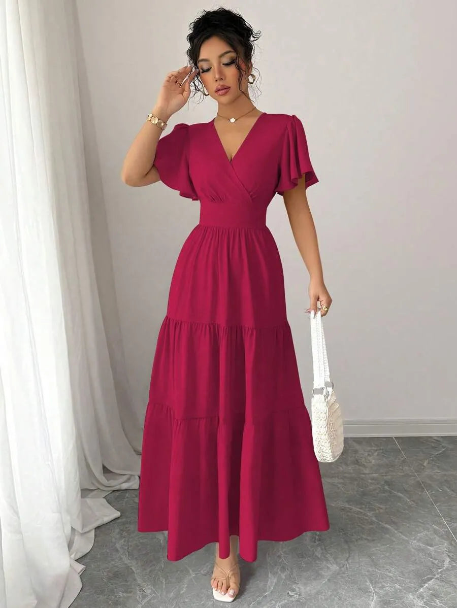 SHEIN Elenzga فستان طويل بياقة وأكمام واسعة وخصر مرتفع بتصميم ملفوف بلون عنابي