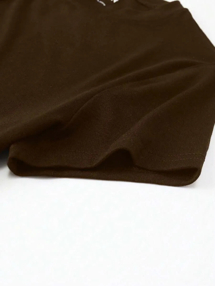 SHEIN INAWLY تي شيرت نسائي ضيق محبوك بأكمام قصيرة وياقة دائرية بلون بني قهوة