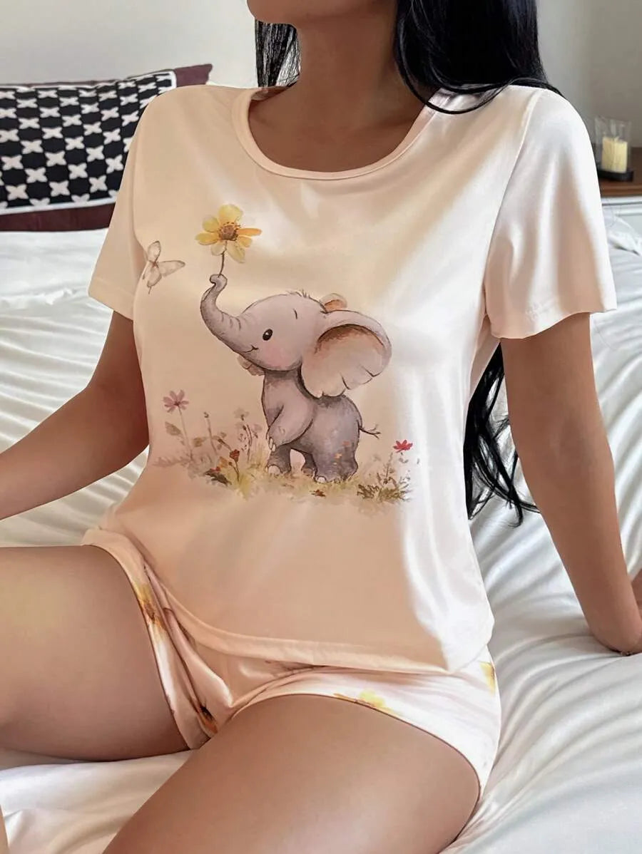 SHEIN طقم بيجاما قطعتين بطبعة فيل بأكمام قصيرة وشورت متعدد الألوان