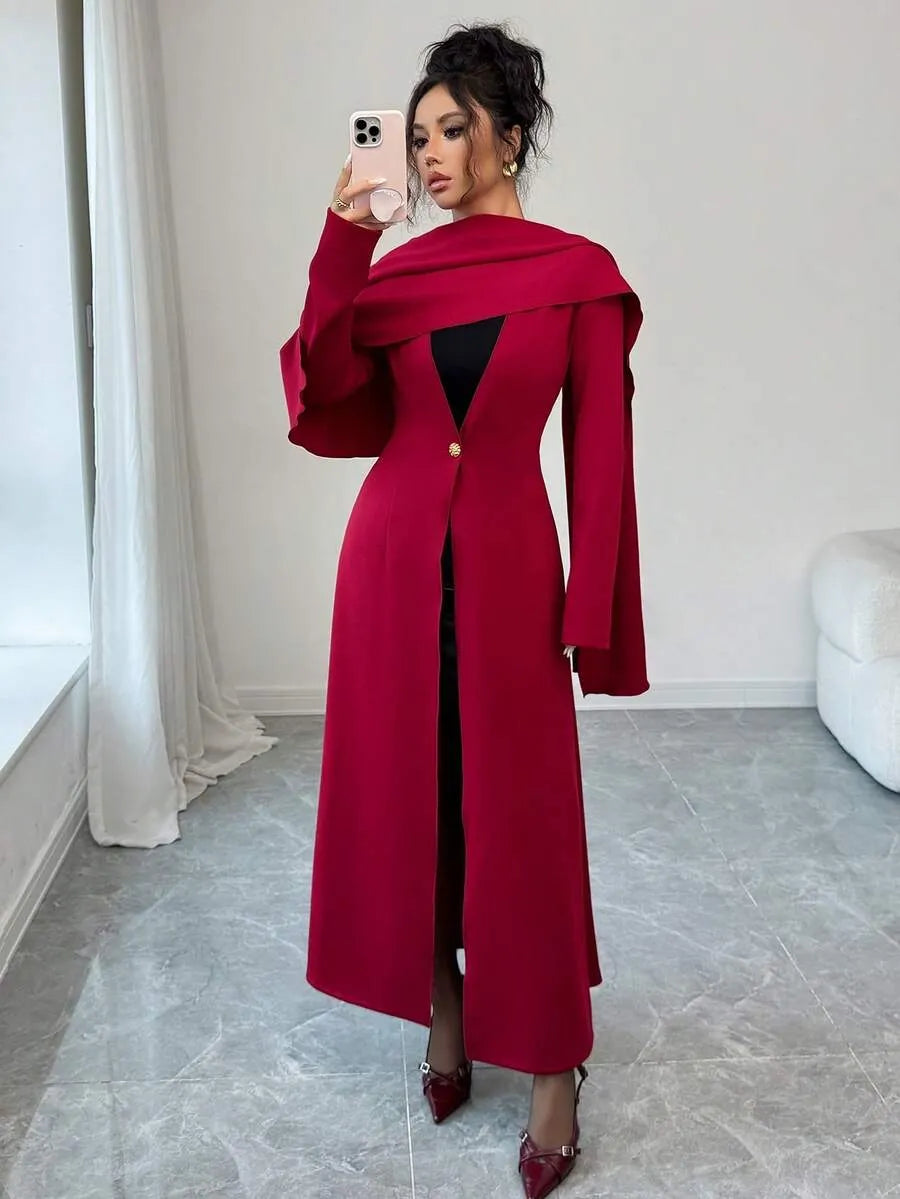 SHEIN Elenzga فستان طويل بياقة غير متماثلة وأكمام واسعة وأزرار معدنية بلون أحمر عنابي