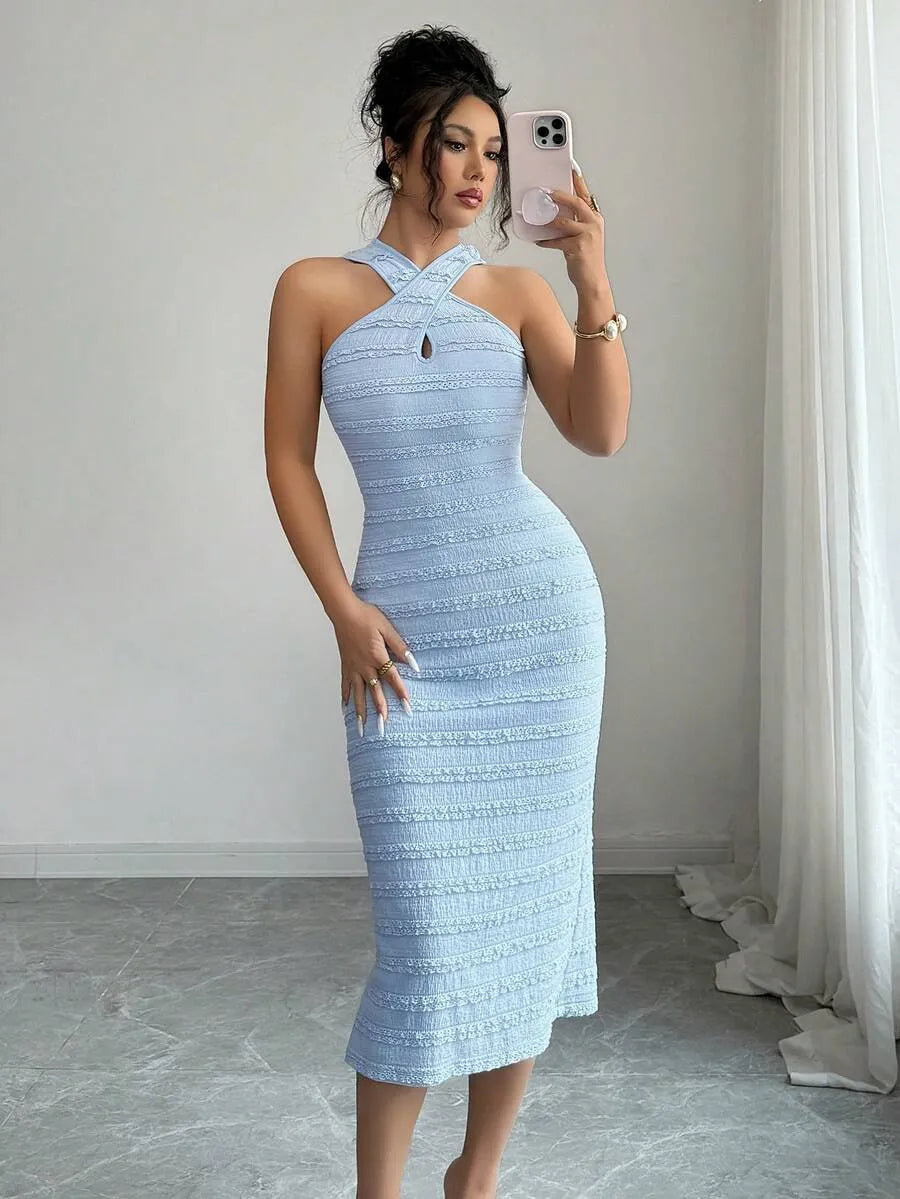 SHEIN Selianne فستان متوسط الطول بحمالات رفيعة متقاطعة أزرق داكن