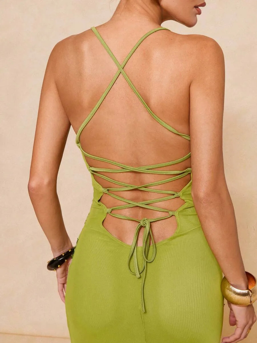 SHEIN Lumalex فستان ماكسي بلون أخضر بحمالات سباغيتي وظهر مكشوف
