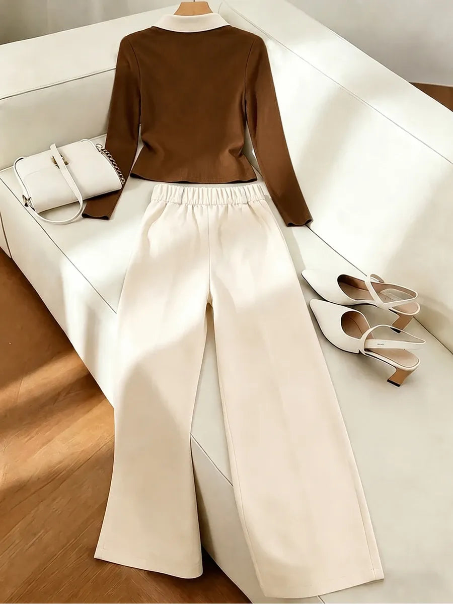 SHEIN Raffinéa طقم نسائي قطعتين تي شيرت بولو وبنطال طويل بتصميم متباين بلون بني وبيج