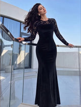 SHEIN Modelyn فستان مخملي طويل بياقة دائرية وتفاصيل دانتيل بلون أسود