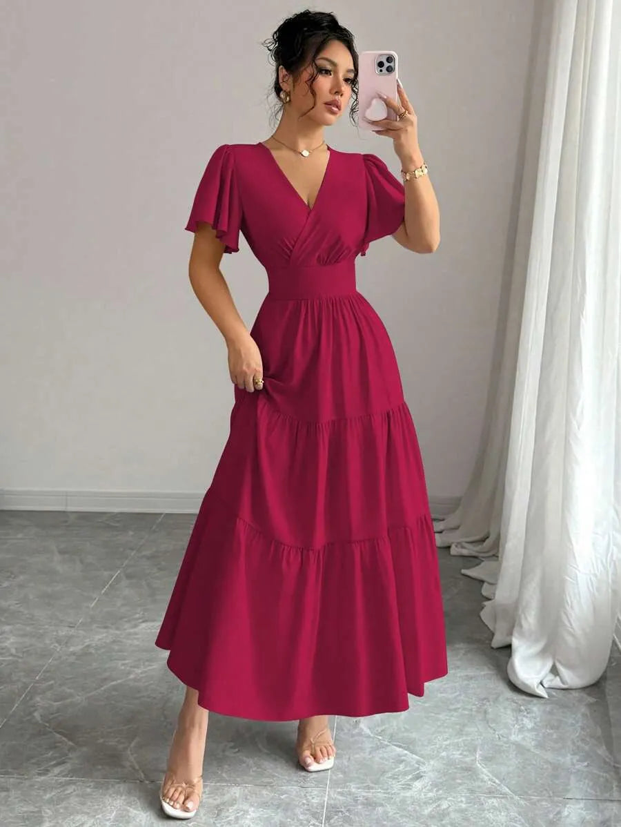 SHEIN Elenzga فستان طويل بياقة وأكمام واسعة وخصر مرتفع بتصميم ملفوف بلون عنابي